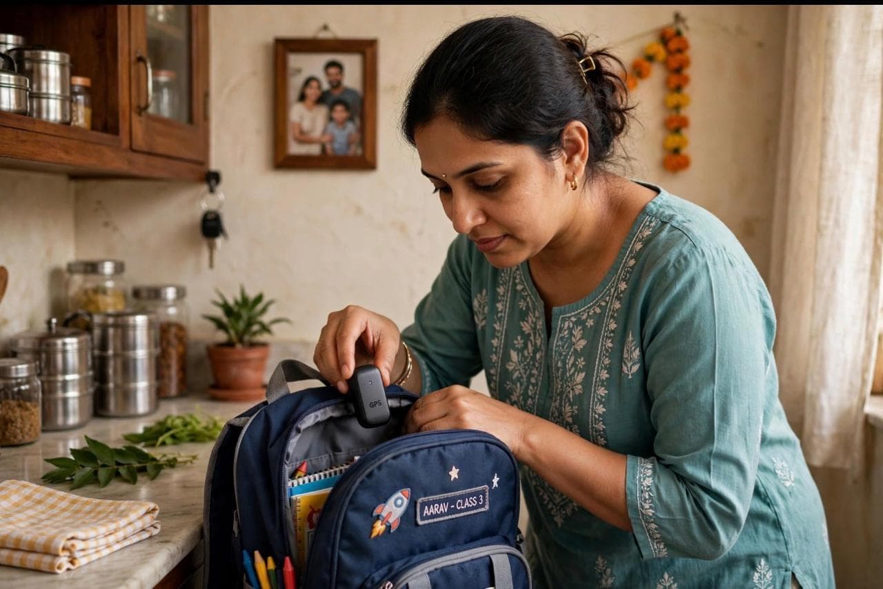 Mother placing a compact GPS tracker inside her child’s school backpack